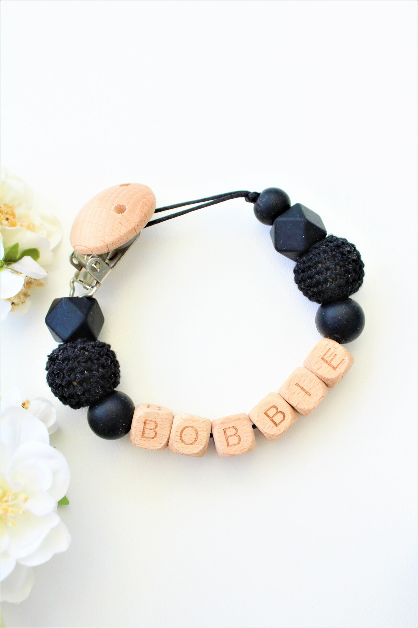 speenkoord met naam zwart hout bobbie