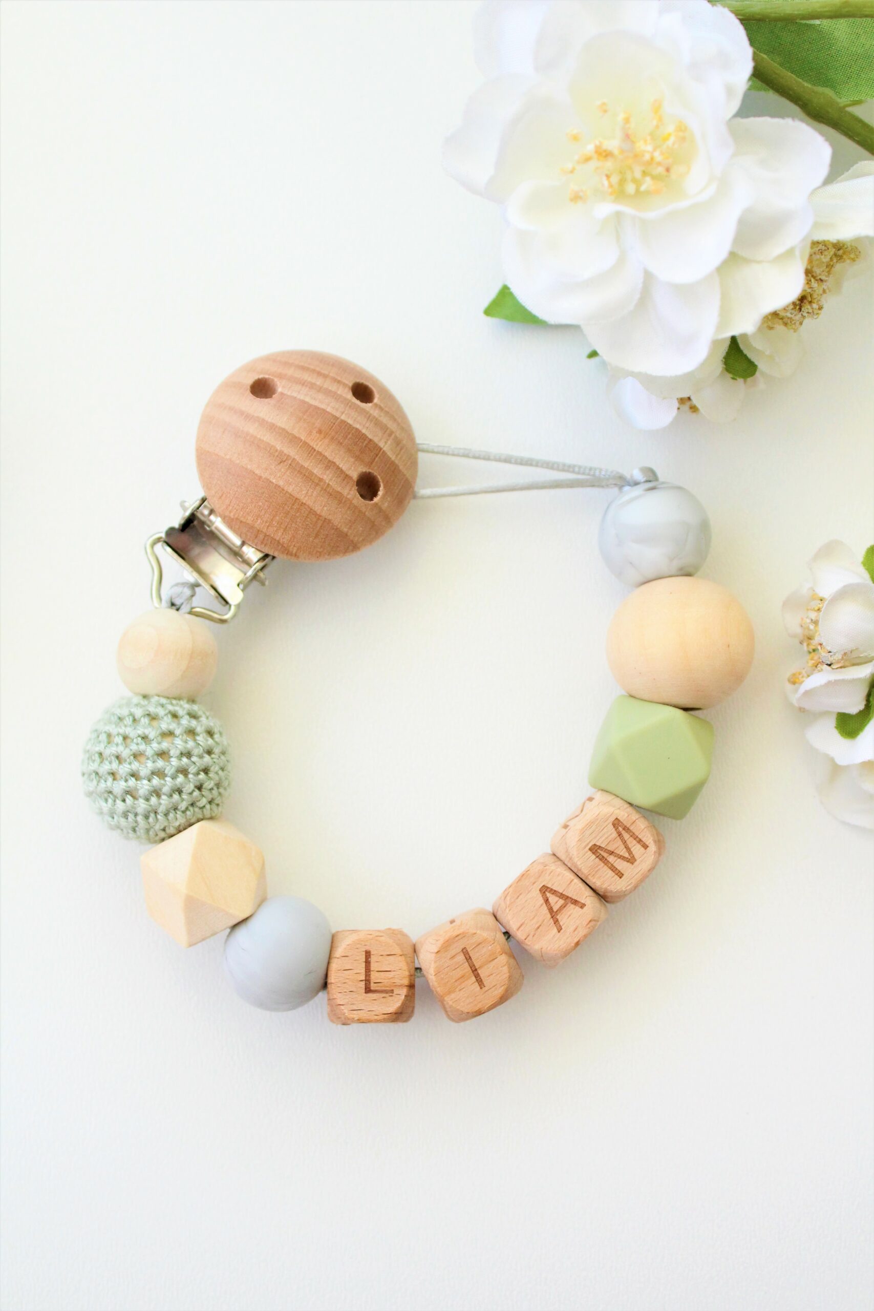 speenkoord met naam groen grijs hout