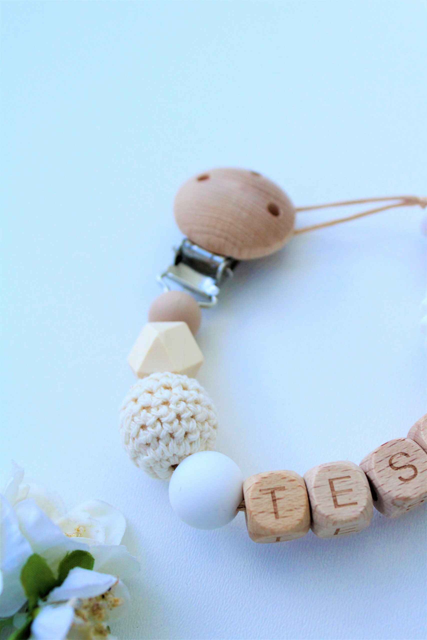 Speenkoord met Naam - Beige Bruin Wit