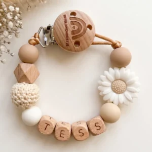 speenkoord met naam beige wit hout