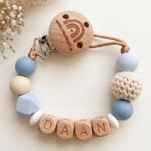 speenkoord met naam blauw beige wit
