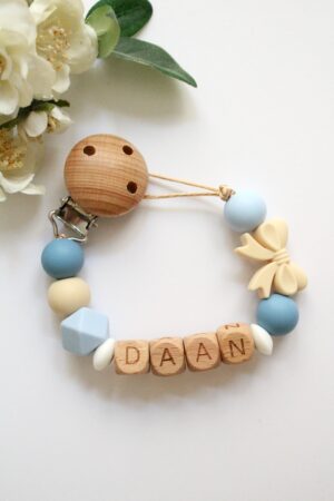 speenkoord met naam blauw beige strik